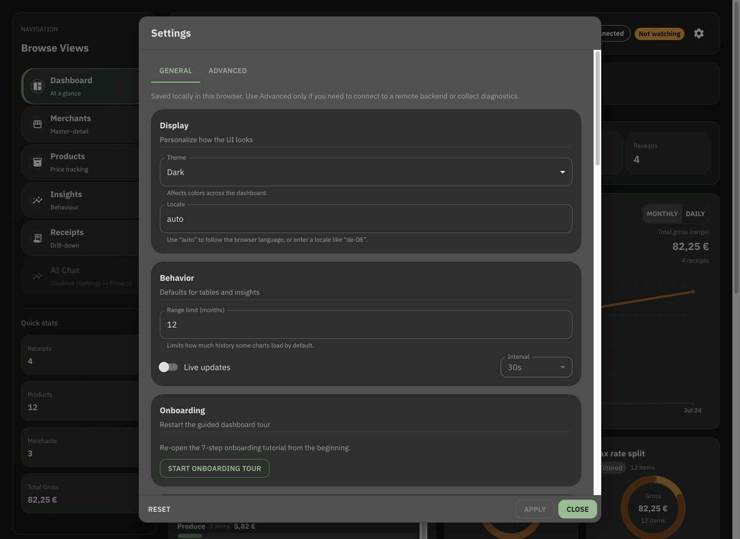 Belegant settings showing the current onboarding controls